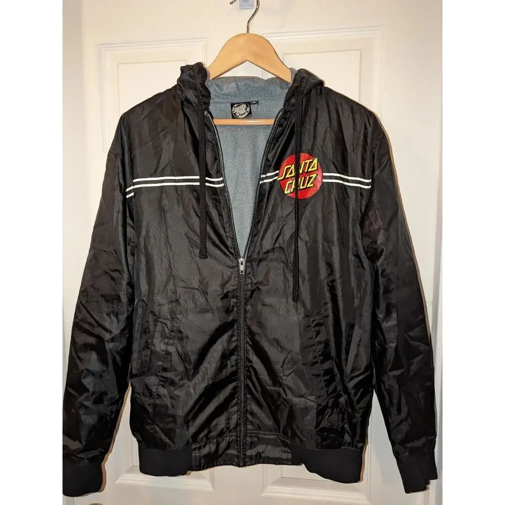 SANTA CRUZ Men's Dot Hooded Windbreaker Jacket Black with Logo US Men's size S